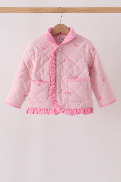 Pink corduroy bow embroidery ruffle jacket