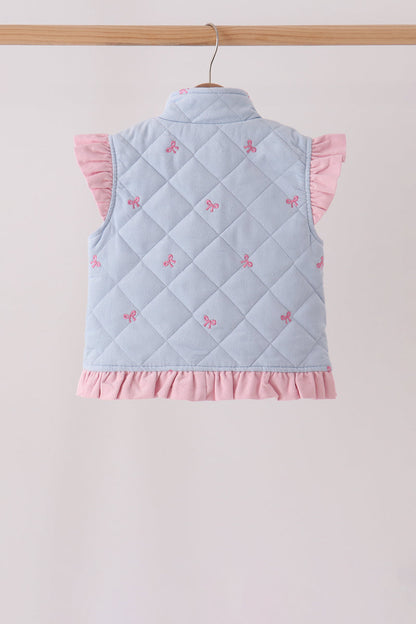 Blue corduroy bow embroidery ruffle vest