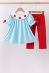 Blue Apple Embroidered Pants Set