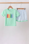Mint Crayon Applique Gingham Shorts Set