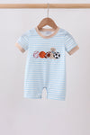 Blue Puppy Ball Embroidered Stripe Romper