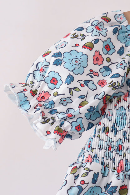 Blue floral smocked ruffle dress
