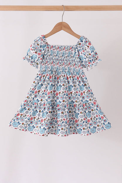 Blue floral smocked ruffle dress