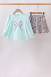 Blue Floral Bow Applique Skorts Set