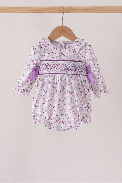 Purple floral smocked bow bubble