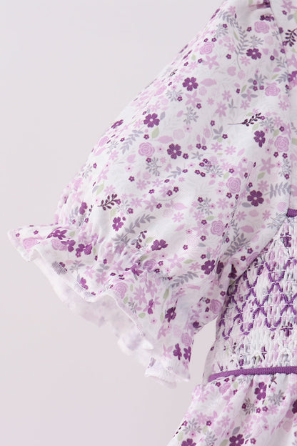 Purple floral smocked ruffle bloomer set