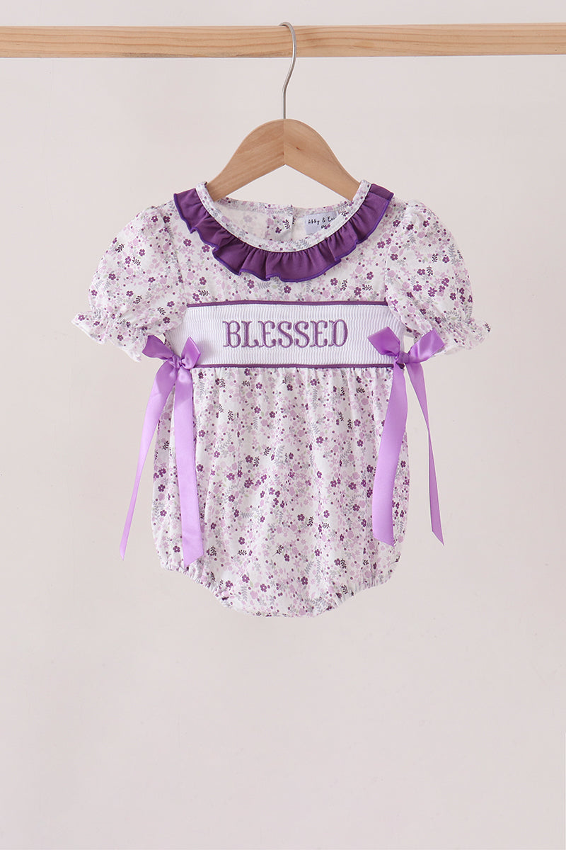 Purple floral blessed smocked ruffle bubble