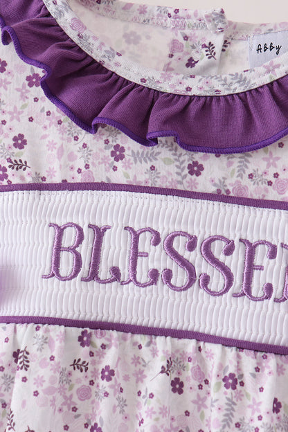 Purple floral blessed smocked ruffle bubble