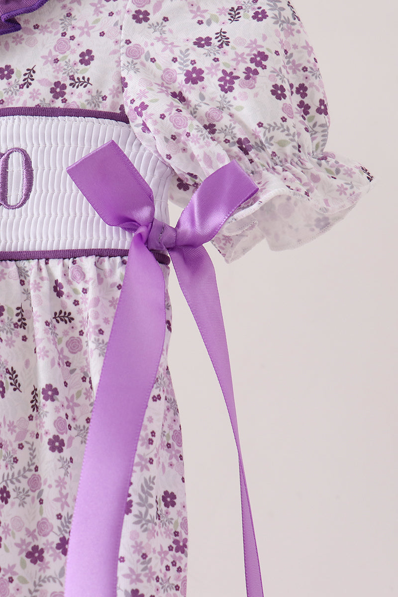 Purple floral blessed smocked ruffle bubble