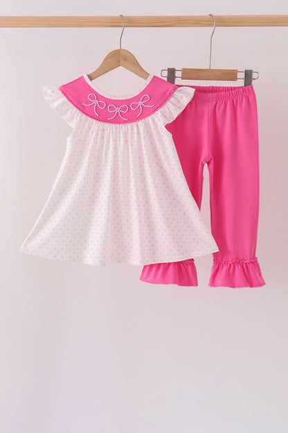 Pink bow pearl ruffle pants set
