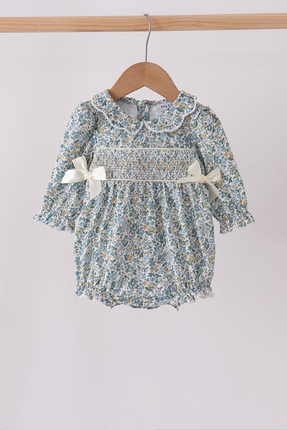 Sage Floral Smocked Bow Bubble