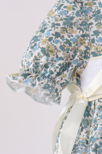 Sage Floral Blessed Smocked Ruffle Bubble
