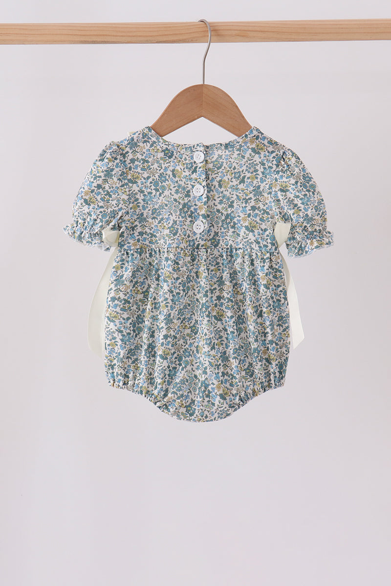 Sage Floral Blessed Smocked Ruffle Bubble