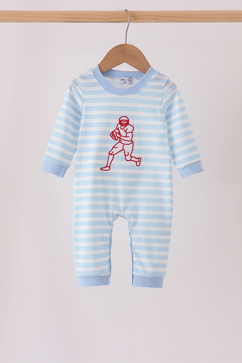Blue Football Embroidery Stripe Romper