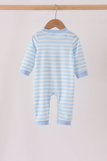 Blue Football Embroidery Stripe Romper