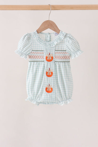 Sage pumpkin smocked gingham bubble