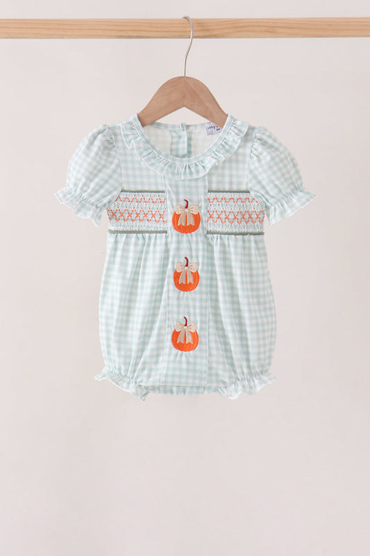 Sage pumpkin smocked gingham bubble