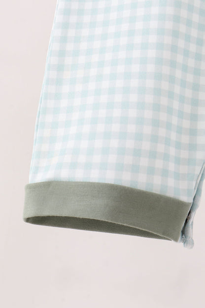Sage pumpkin embroidery gingham romper