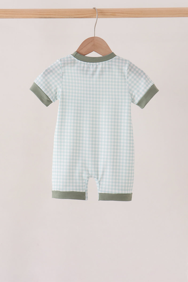 Sage pumpkin embroidery gingham romper