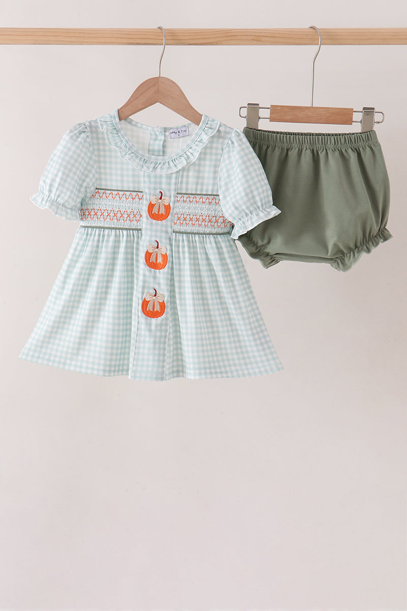 Sage pumpkin smocked gingham bloomer set