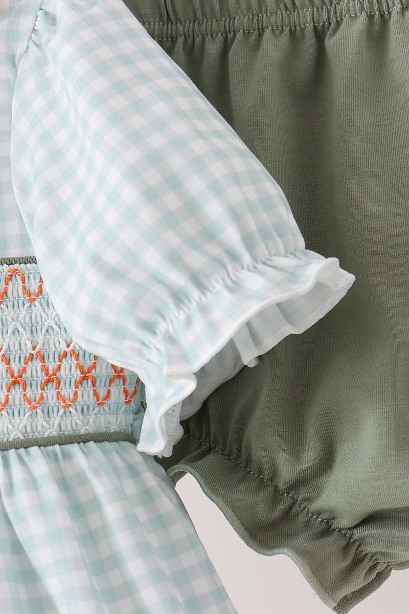 Sage pumpkin smocked gingham bloomer set