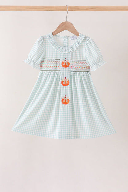 Sage pumpkin smocked gingham dress