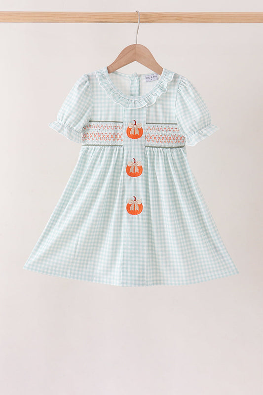 Sage pumpkin smocked gingham dress