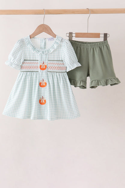 Sage pumpkin smocked gingham ruffle shorts set