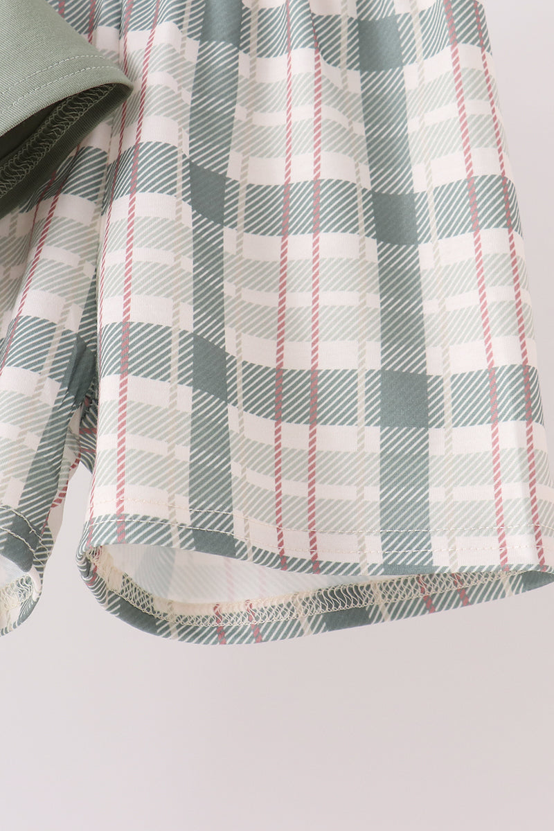 Green Pumpkin Embroidery Plaid Shorts Set