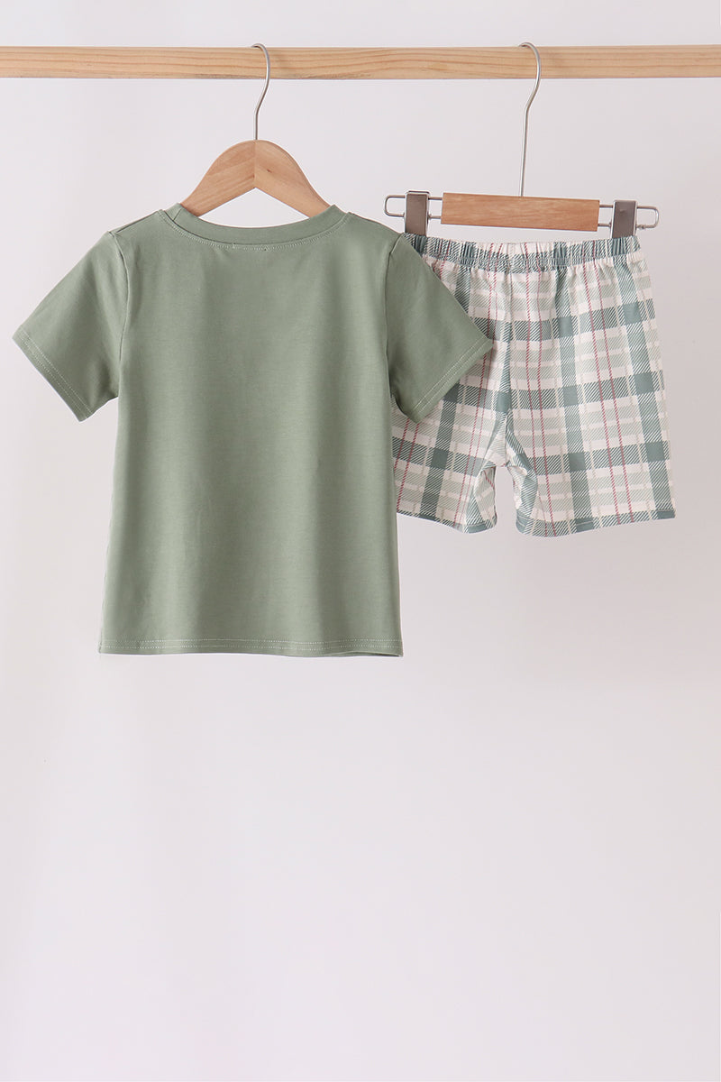 Green Pumpkin Embroidery Plaid Shorts Set