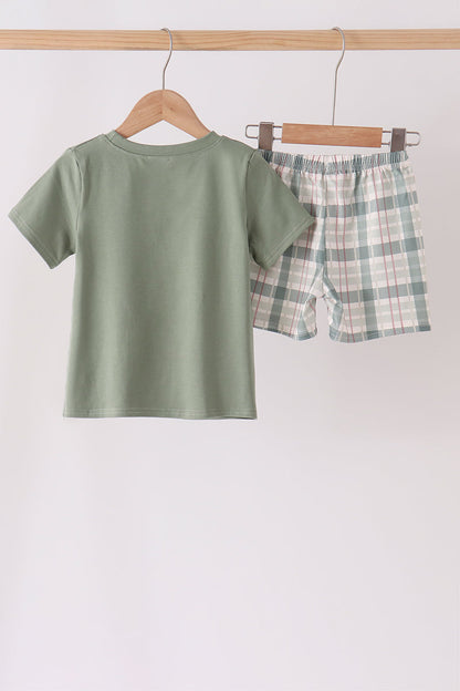 Green Pumpkin Embroidery Plaid Shorts Set