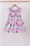 Purple Bow Embroidered Floral Scalloped Dress
