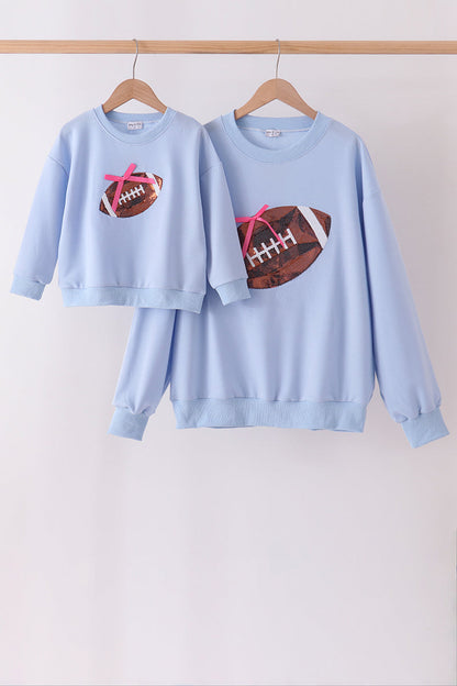 Blue football sequin mom&me top