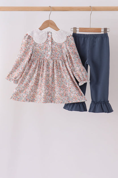 Floral smocked lace ruffle pants set