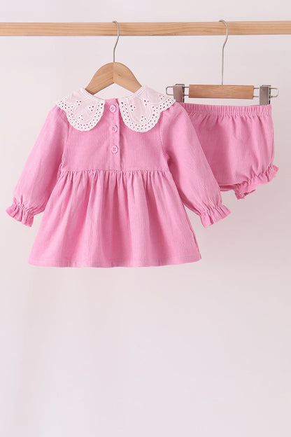 Pink corduroy lace smocked bloomer set