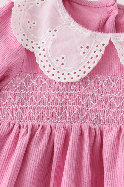 Pink corduroy lace smocked ruffle pants set