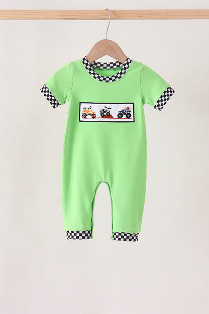 Green car embroidery checkered romper