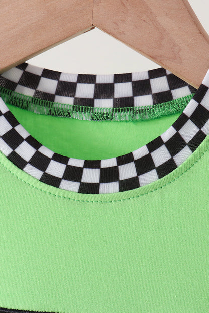 Green car embroidery checkered romper