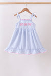 Blue Bow Embroidered Stripe Ruffle Dress
