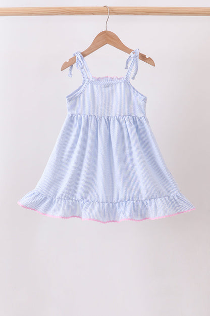 Blue Bow Embroidered Stripe Ruffle Dress
