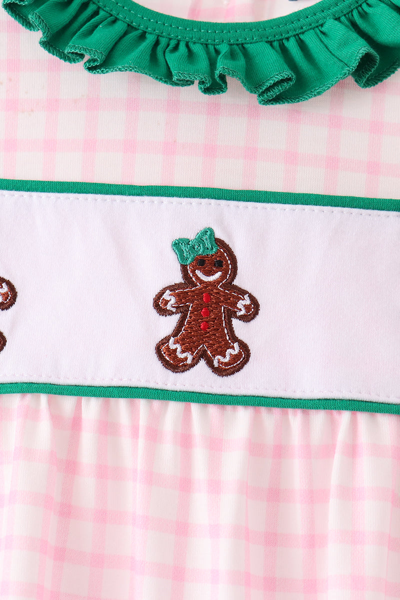 Pink Plaid Gingerbread Embroidery Ruffle Romper