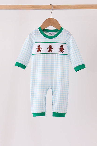 Blue Plaid Gingerbread Embroidery Romper