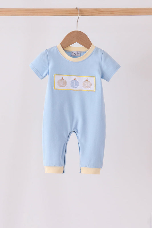Blue pumpkin embroidery romper