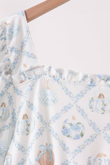 Blue pumpkin ruffle mom dress