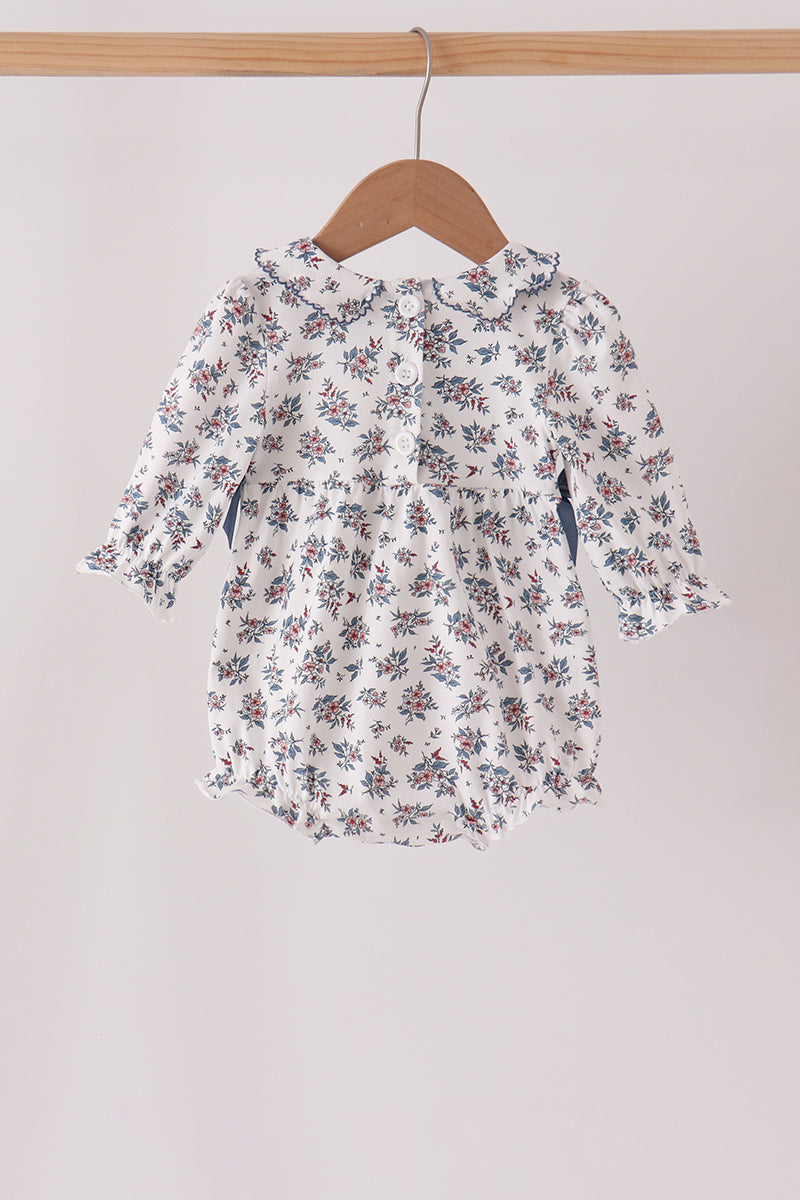 Teal floral smocked bow bubble