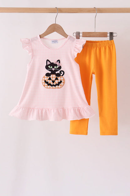 Pink cats Jack-O-Lantern applique ruffle pants set