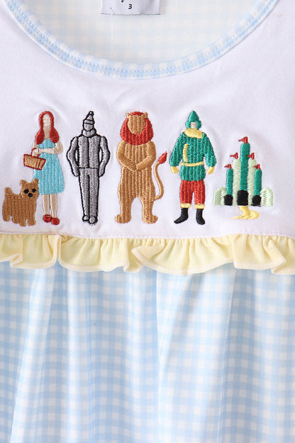 Blue character embroidery gingham ruffle pants set