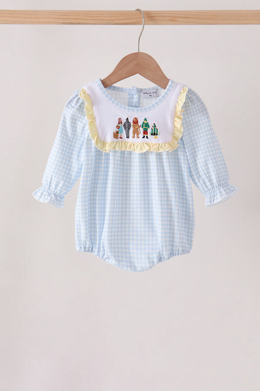Blue character embroidery gingham ruffle bubble