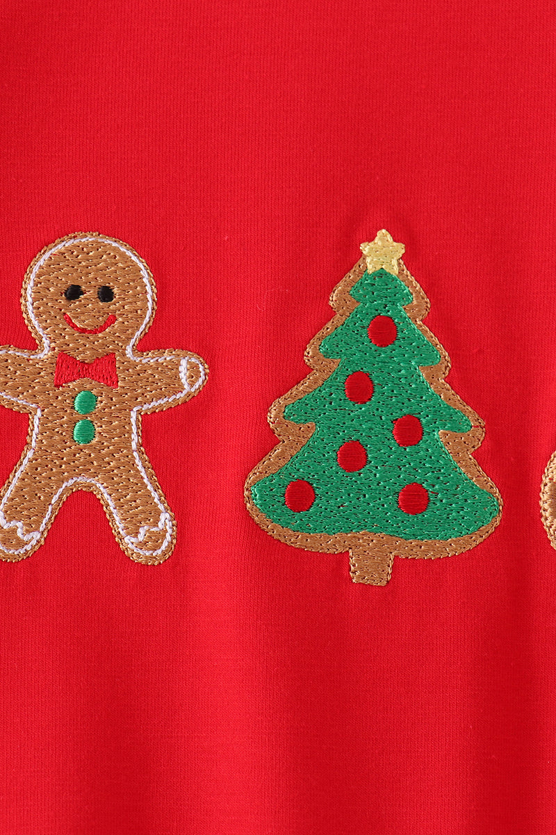 Red Gingerbread Tree Embroidery Romper