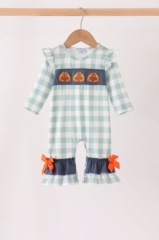 Sage Turkey Embroidery Gingham Ruffle Romper